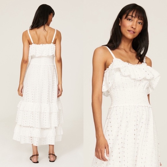 SLATE & WILLOW Cotton Eyelet Smocked Waist Sleeveless Tiered Ruffle Midi Dress M - Picture 3 of 9